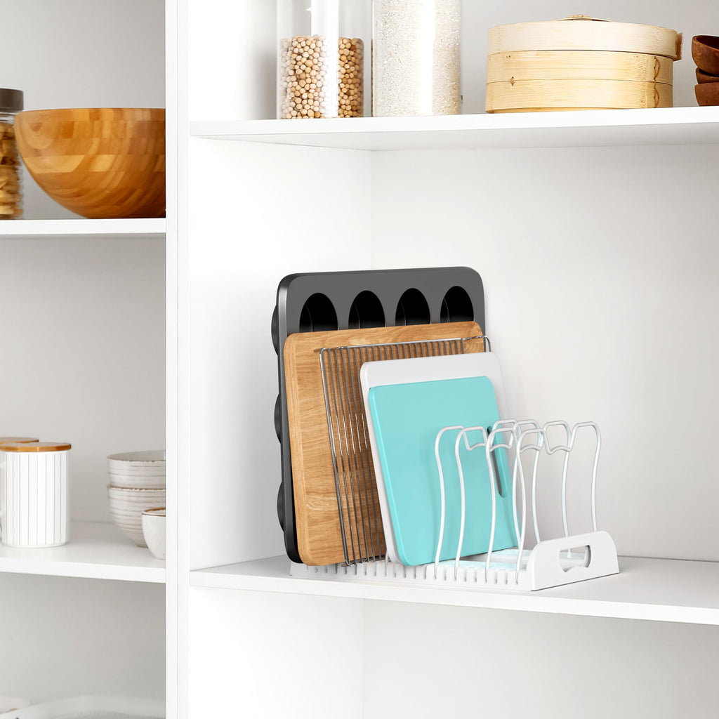 Simple Houseware Adjustable Pot Lid and Pan Organizer Rack - 7-Compartment Kitchen Cabinet & Pantry Storage for Bakeware, Cutting Boards, and Cookie Sheets, White