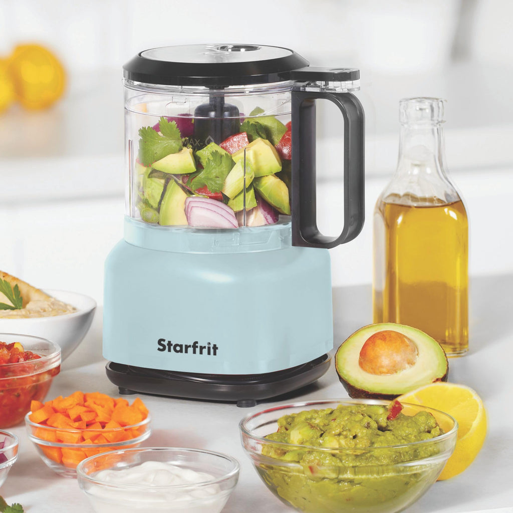 Starfrit Electric Food Chopper - 3.5 Cup BPA-Free Bowl - One-Touch Pulse and On - Integrated Drizzle Basin - Quick Chopping Mixing Pureeing - 250W - Blue