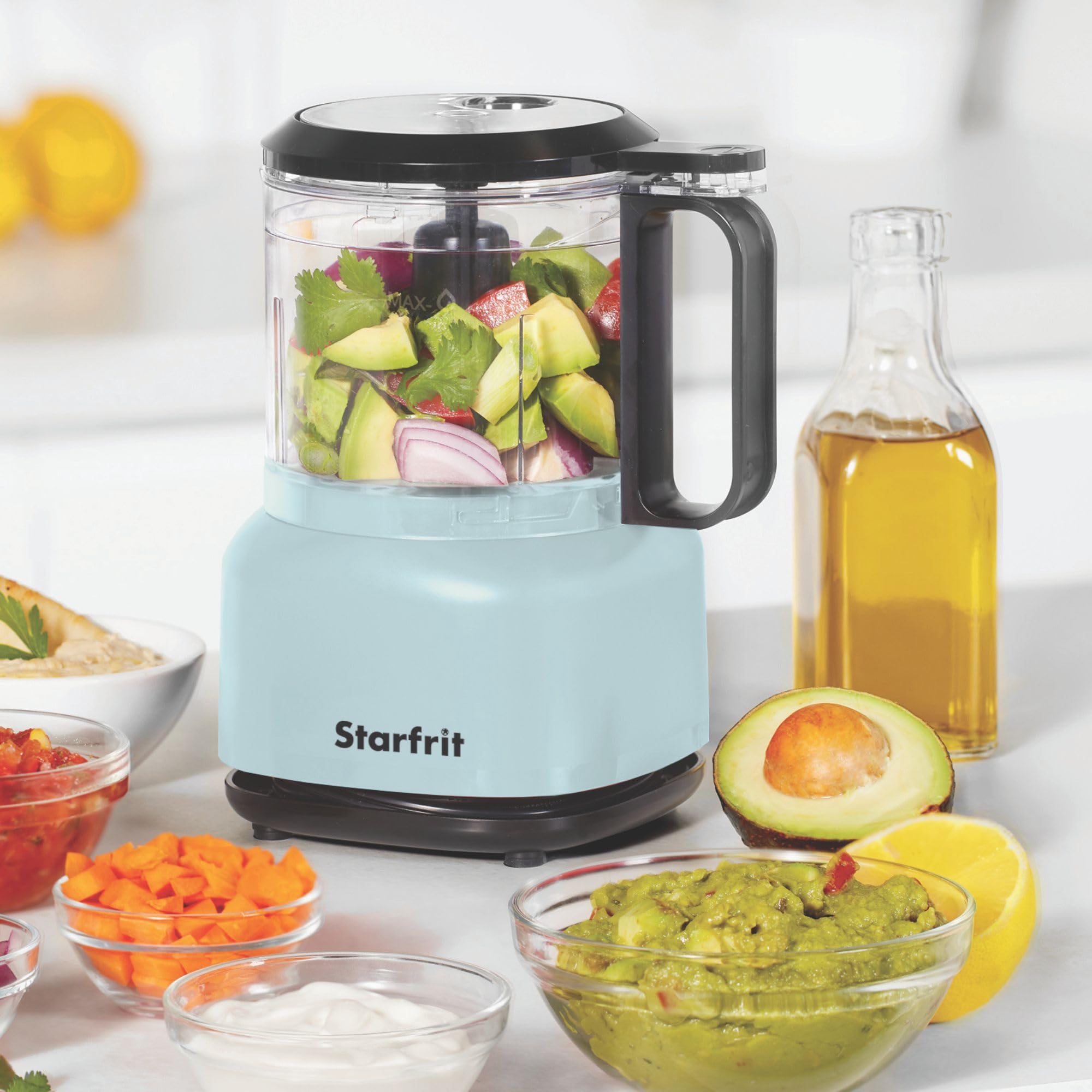 Starfrit Electric Food Chopper - 3.5 Cup BPA-Free Bowl - One-Touch Pulse and On - Integrated Drizzle Basin - Quick Chopping Mixing Pureeing - 250W - Blue