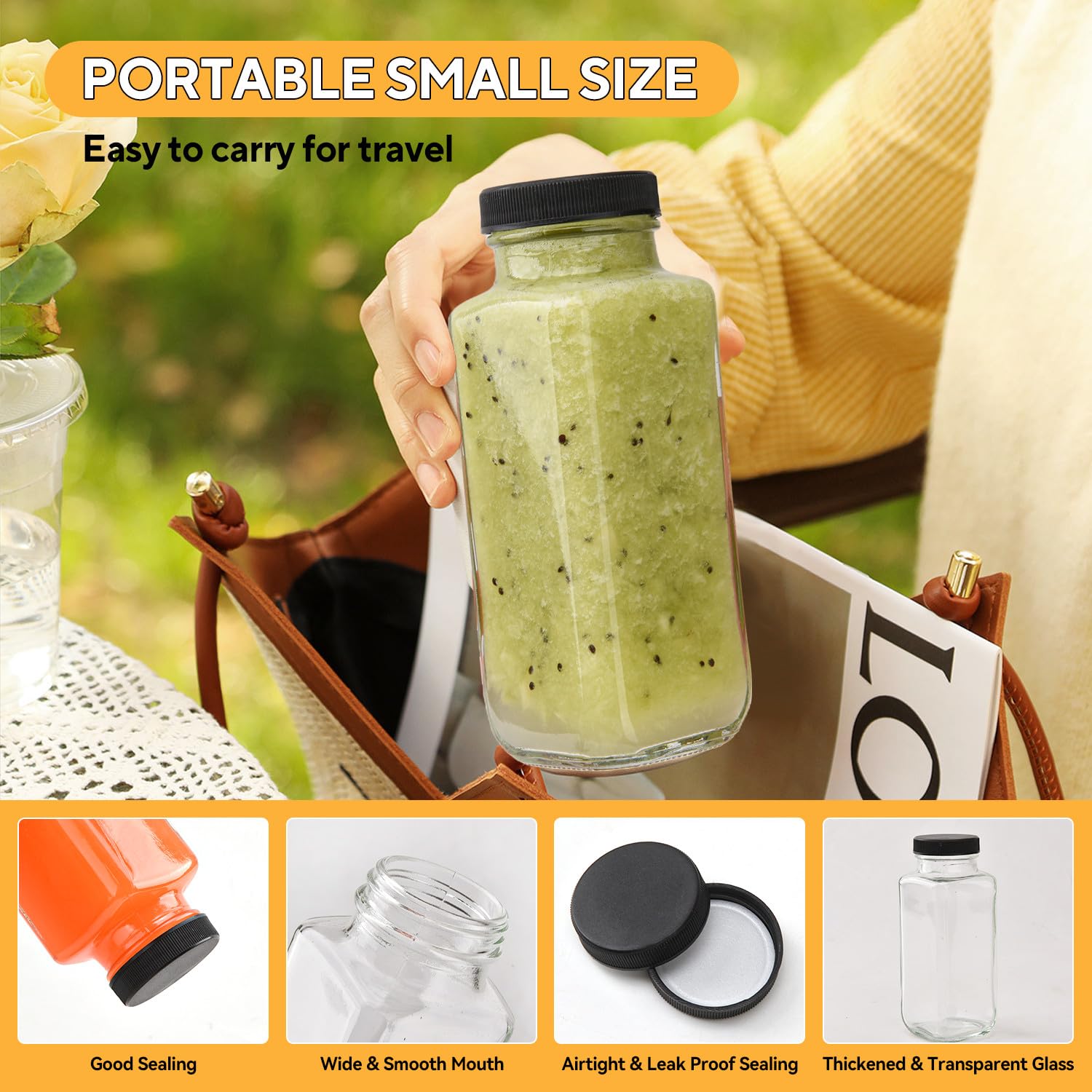 6 Pack 8 oz 250ml Glass Juice Bottles with Lids, Reusable Glass Containers Drinking Glass Jars Small Glass Bottles for Smoothie, Juicer Shots, Milk, Water, Kombucha, School, Outdoor