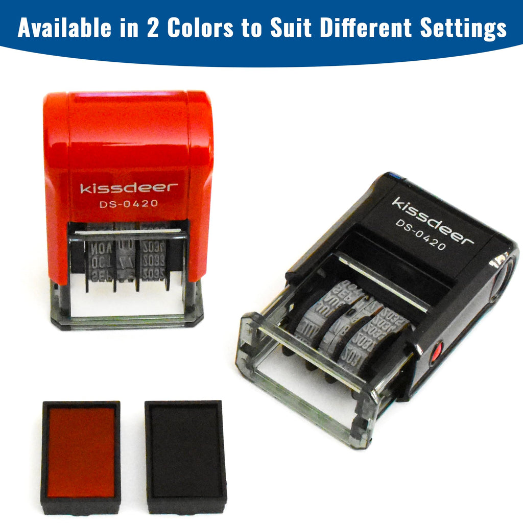 Kissdeer Date Stamp Set (Economy 2-Pack Value Set) – Self-Inking Black & Red Ink Rubber Dater, Large Gear for Clean Hands & Translucent Base for Precise Positioning – Office, Shipping, Teacher Use