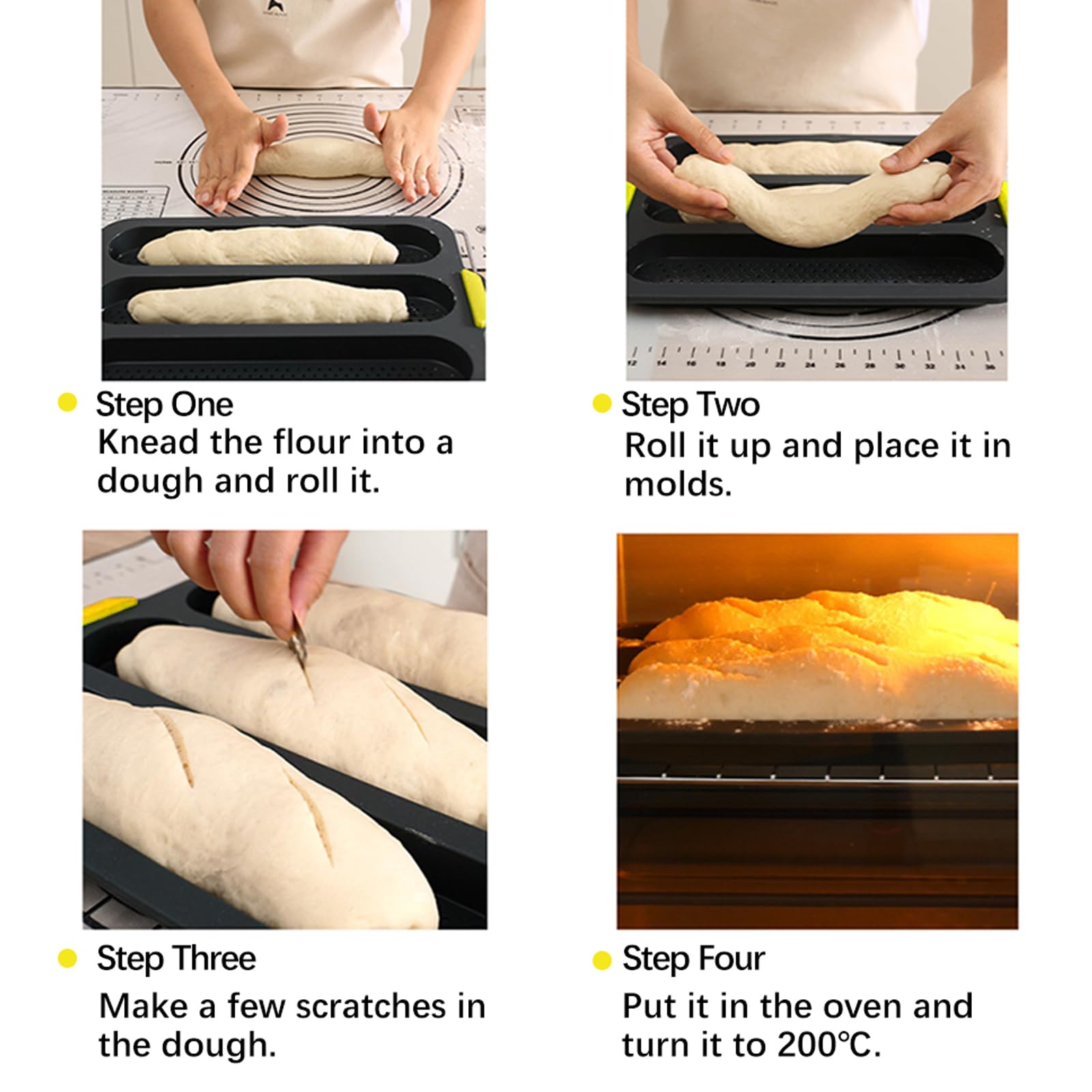 atrccs Silicone Loaf Pan, 4-Cavity Nonstick & Heat Resistant Baguette Bread Pan, Bread Mold for Baking, French Bread Baking Pan, Silicone Baking Molds for Baguette, Sandwich, Hot Dog Bun, Hoagie Roll