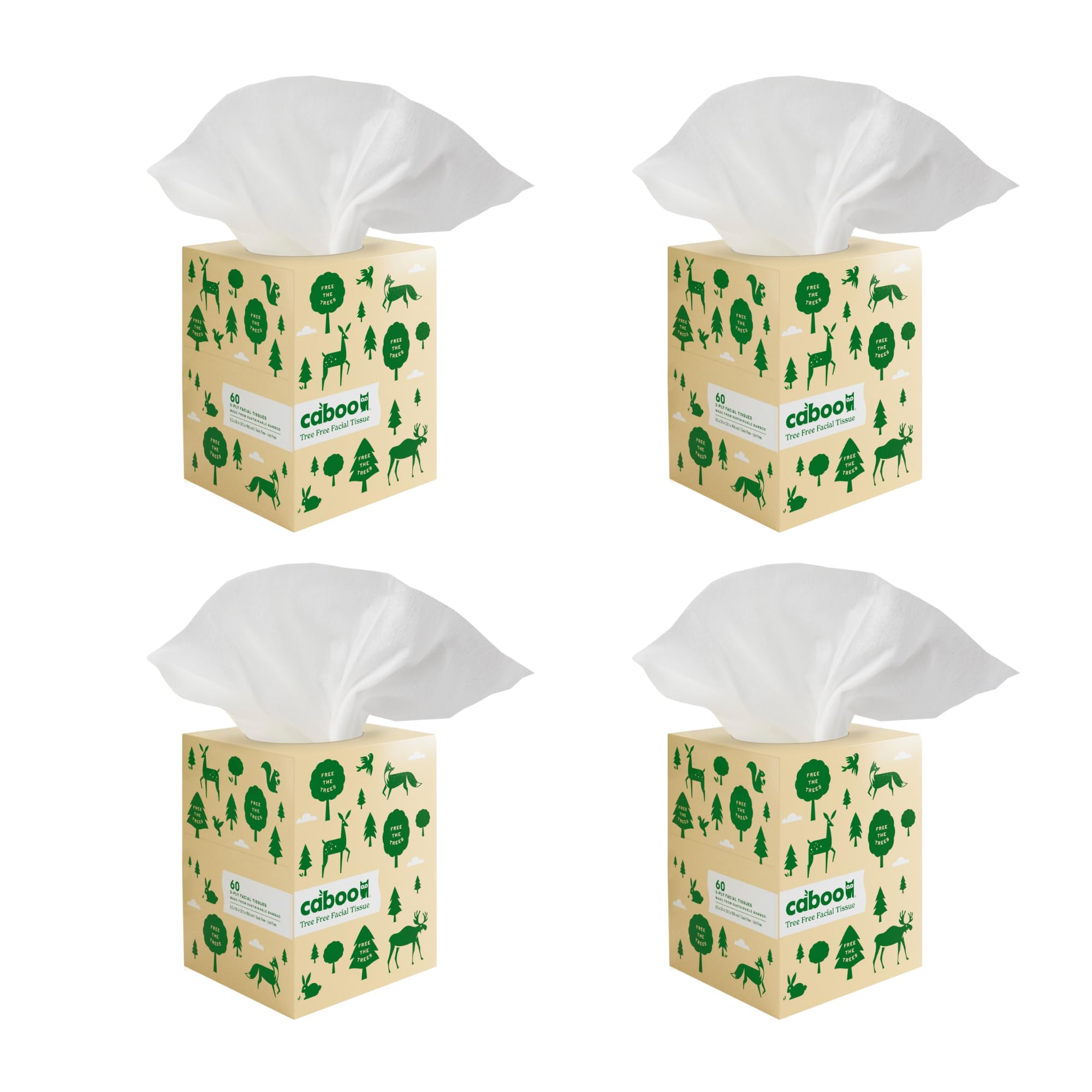 Caboo Tree Free Facial Tissues, 3 Ply Natural Tissue Paper, Pack of 4, Hypoallergenic Tissue Boxes, 60 Tissues Per Box, 240 Total Tissues
