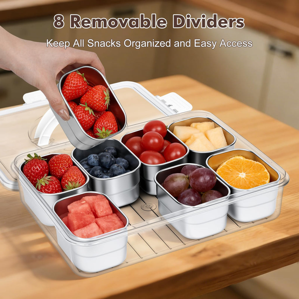 Snackle Box Container with Handle - 8 Compartment Divided Serving stainless steel Tray with Lid - Crystal Clear Charcuterie Box for Travel, Parties, Movie Nights & Daily Snacks