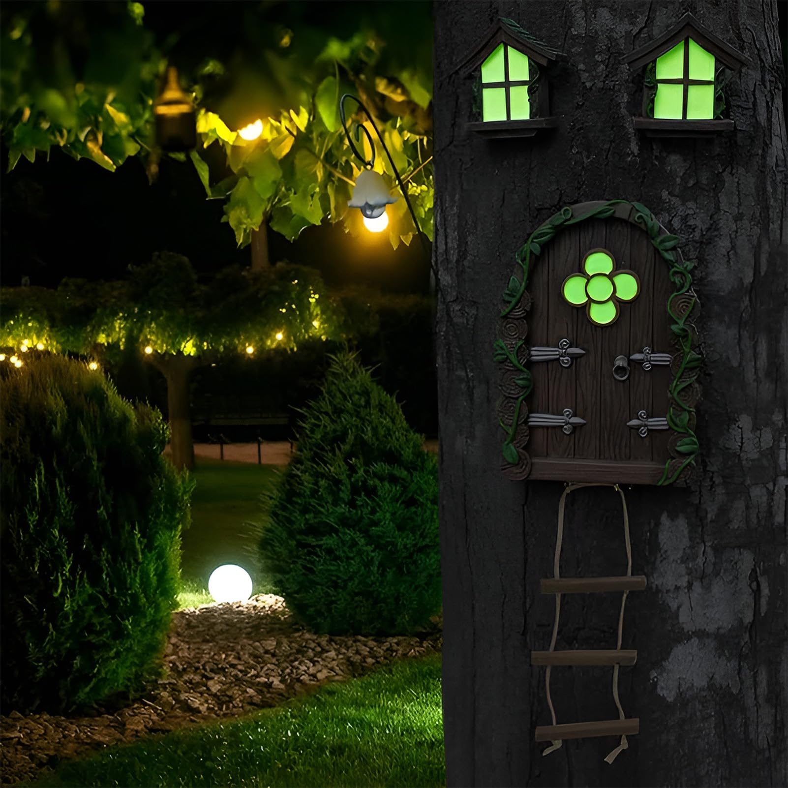 Fairy Garden Door and Windows – Glow in The Dark Yard Art Sculpture Decoration Accessories,Wall and Trees Outdoor | Miniature Garden Outdoor Decor Accessories with Bonus Fairy Lantern