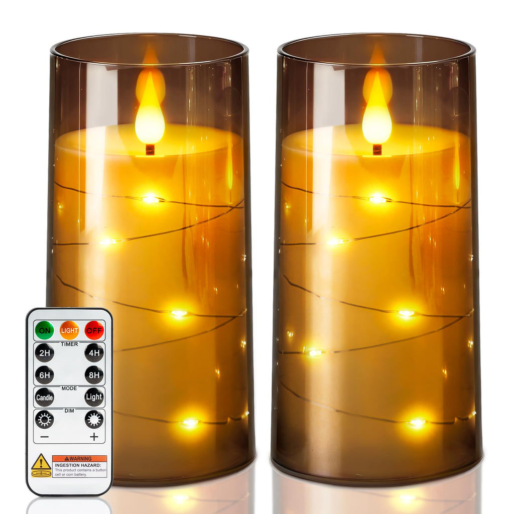 AMAGIC Flameless Pillar Candles Built-in String Lights, Battery Candle Flickering with Remote Timer, Fake LED Candles for Home Wedding Festival Decoration, 2 Pack Gray 3" x 6"
