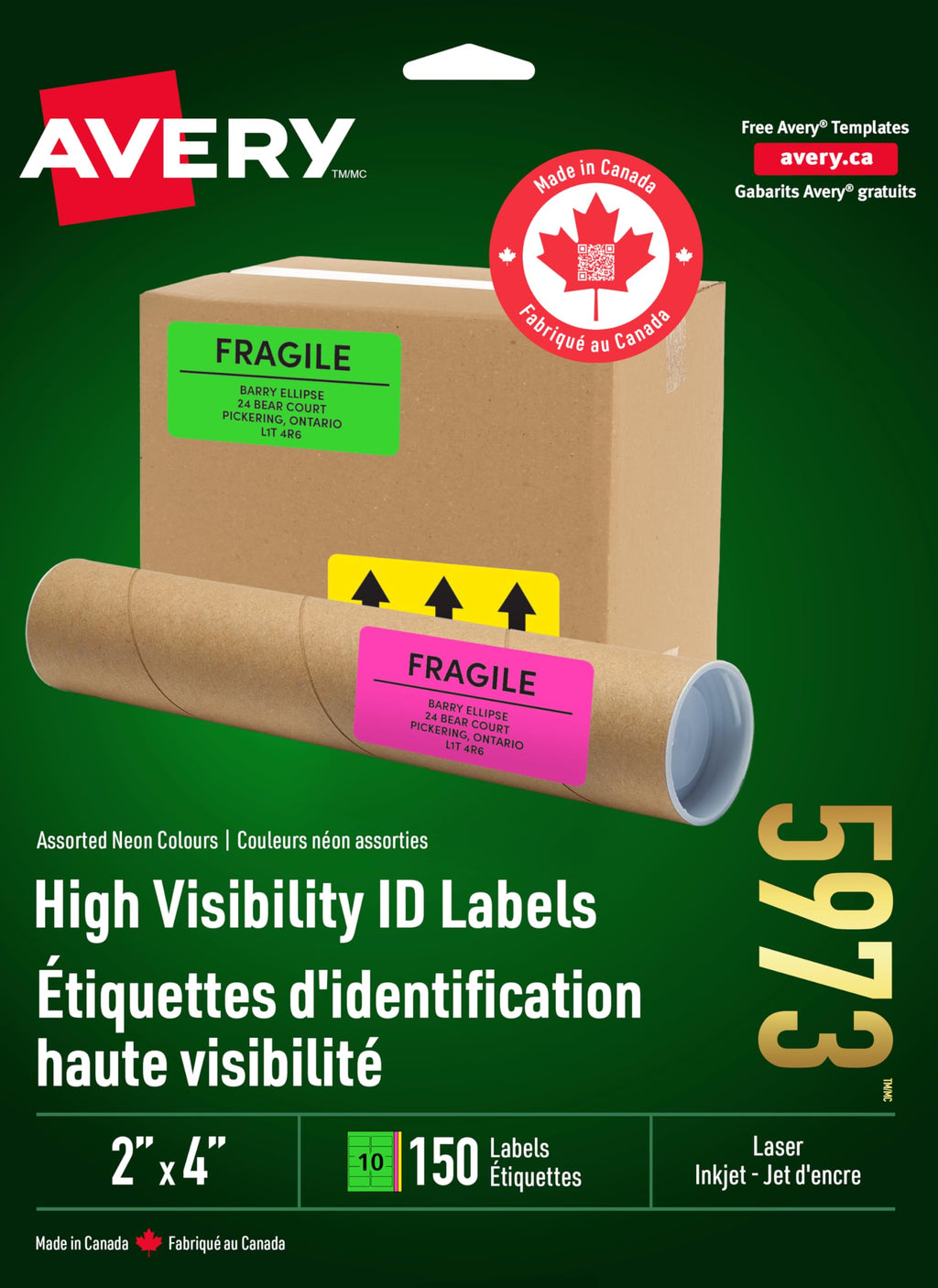 Avery Fluorescent Neon Labels, 4" x 2", Assorted Fluorescent Neon Colours, 150 Labels, Rectangle, Permanent (5973) Made in Canada