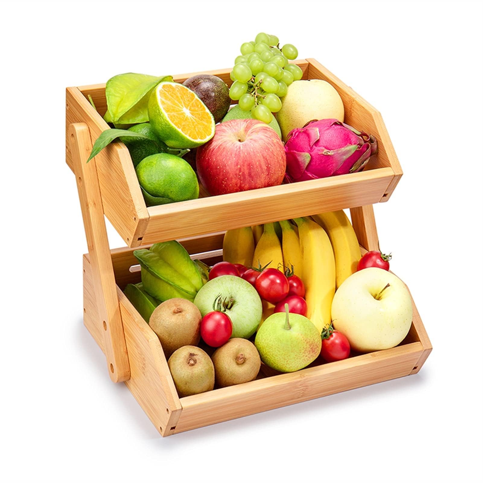Bamboo Fruit Basket, 2-Tier Storage Stand Holder for Kitchen Countertop, Large Capacity Organizer for Fruits and Vegetables, Natural