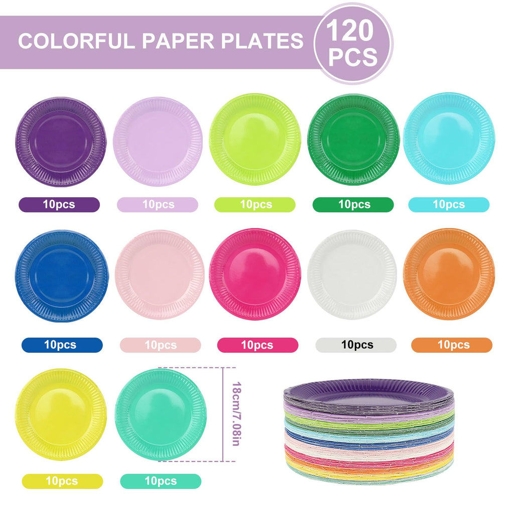 120 Pieces Colorful Paper Plates, Colorful Party Paper Plates, Round Paper Plates, Paper Tableware, Party Plates, Children's Birthday Party Supplies for Parties and Celebrations, BBQs (12 Colors)