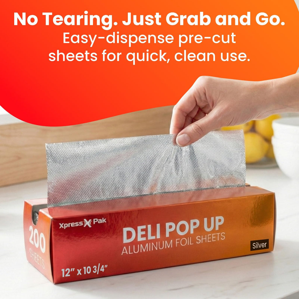 Aluminum Foil Sheets for Food - 200 Count Pre-Cut - 12” Pop Up Foil Sheets for Restaurant, Home, Sandwich or Hot Dog Tin Foil Disposable Sheets