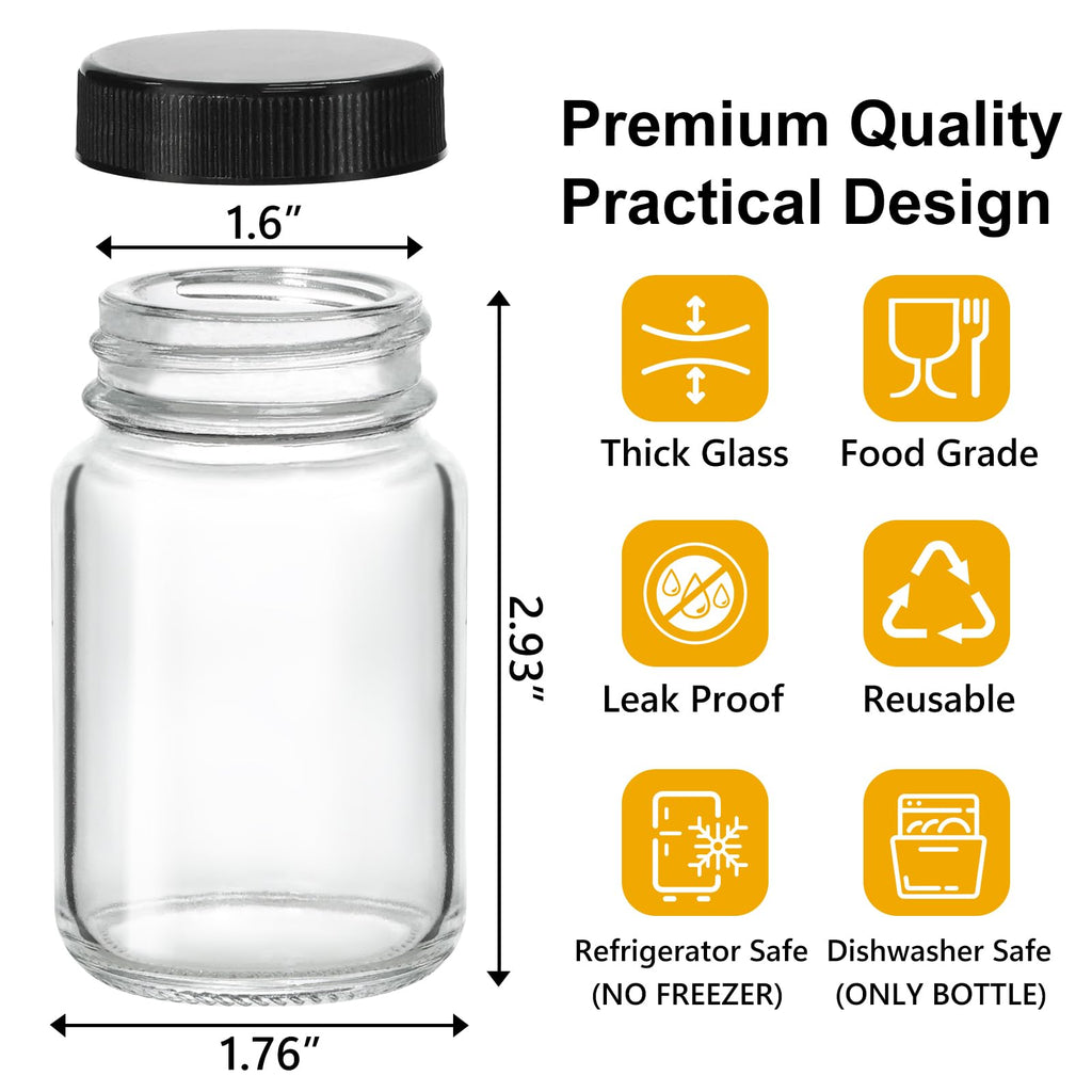 KEYWING 28 Pack 2oz Glass Bottles with Lids - Small Clear Jars for Ginger, Wellness Shots, Juice, Whiskey - Travel Mini Reusable Wide Mouth Bottles- Leakproof, Dishwasher Safe