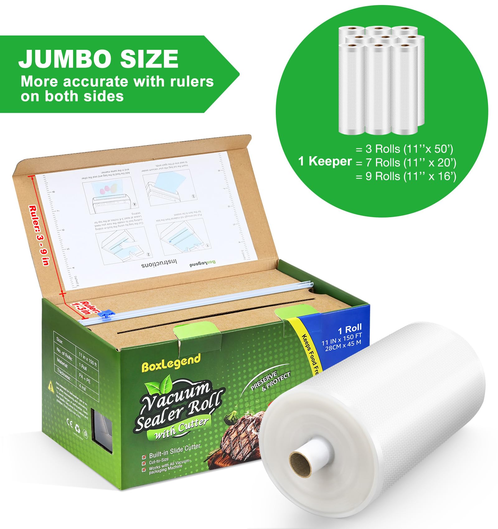 11’’ x 150’ Vacuum Sealer Roll Keeper with Cutter, Vacuum Sealer Bags for Food, Food Saver Bags Rolls, BPA Free, Commercial Grade, Great for Storage, Meal prep and Sous Vide