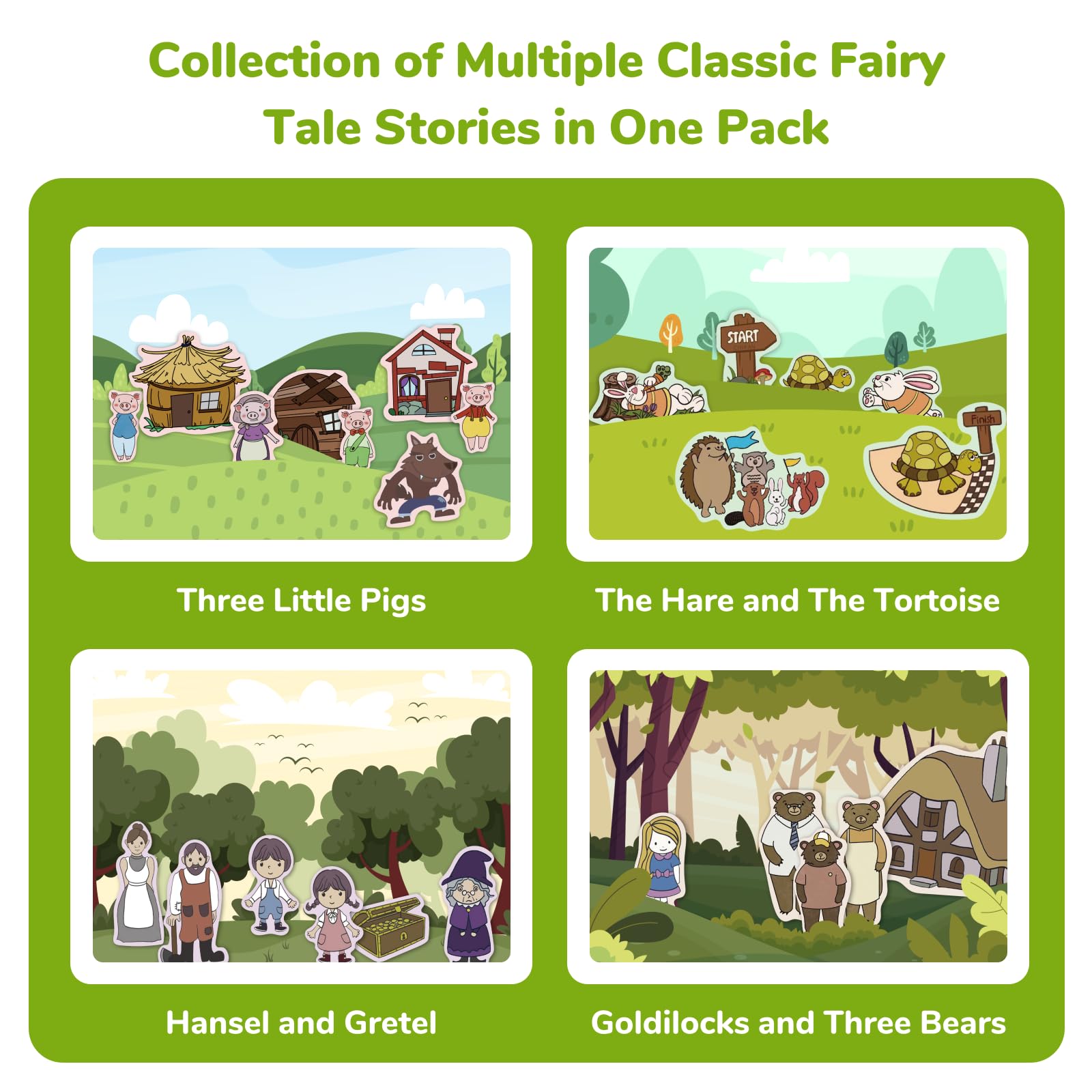 CHEFAN Felt/Flannel Board Story Set of 4, PRECUT Felt Pieces for Preschool Toddlers, Three Little Pigs|Goldilocks and Three Bears|Hansel and Gretel|The Hare and Tortoise