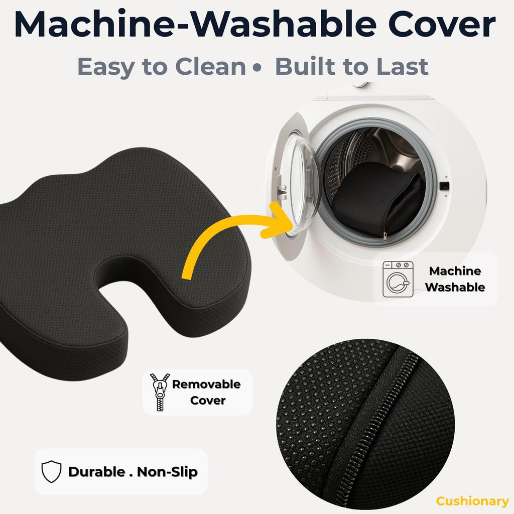 Memory Foam Orthopedic Seat Cushion for Tailbone Pain Relief – Ergonomic Coccyx Support Cushion for Office Chair, Car Seat, Wheelchair & Gaming Chair – Non-Slip Bottom & Machine-Washable Cover