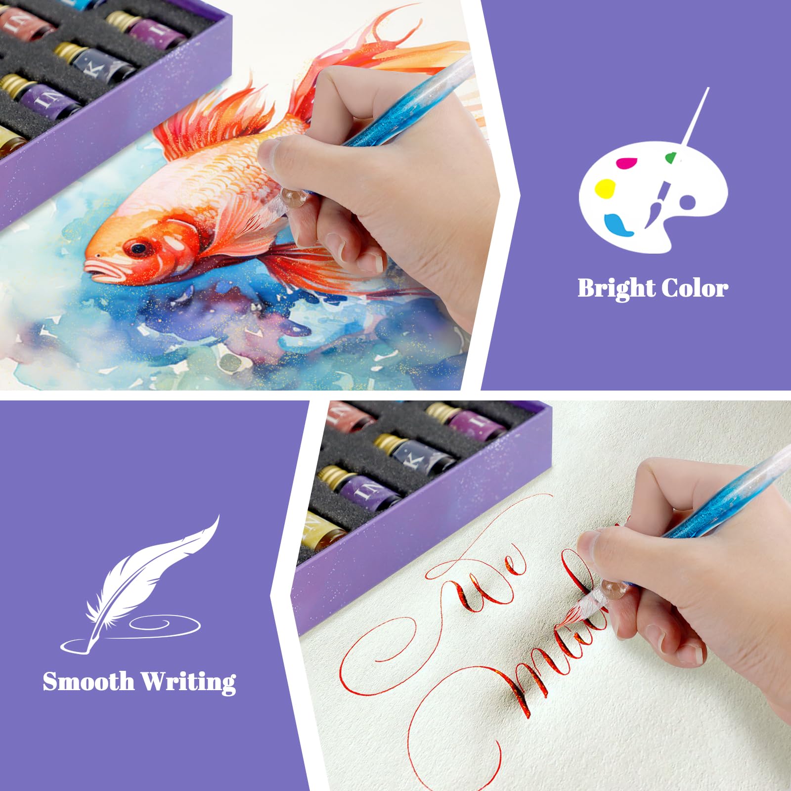 TPBSITNS Glass Dip Pen Ink Set, 12 Colors Calligraphy Ink Set with 2 Crystal Glass Pen, 12 Multicolor Ink, Pen Holder Cleaning Cup Ink Drip Tool for Writing Art Signature Beginners Valentines Day Gift
