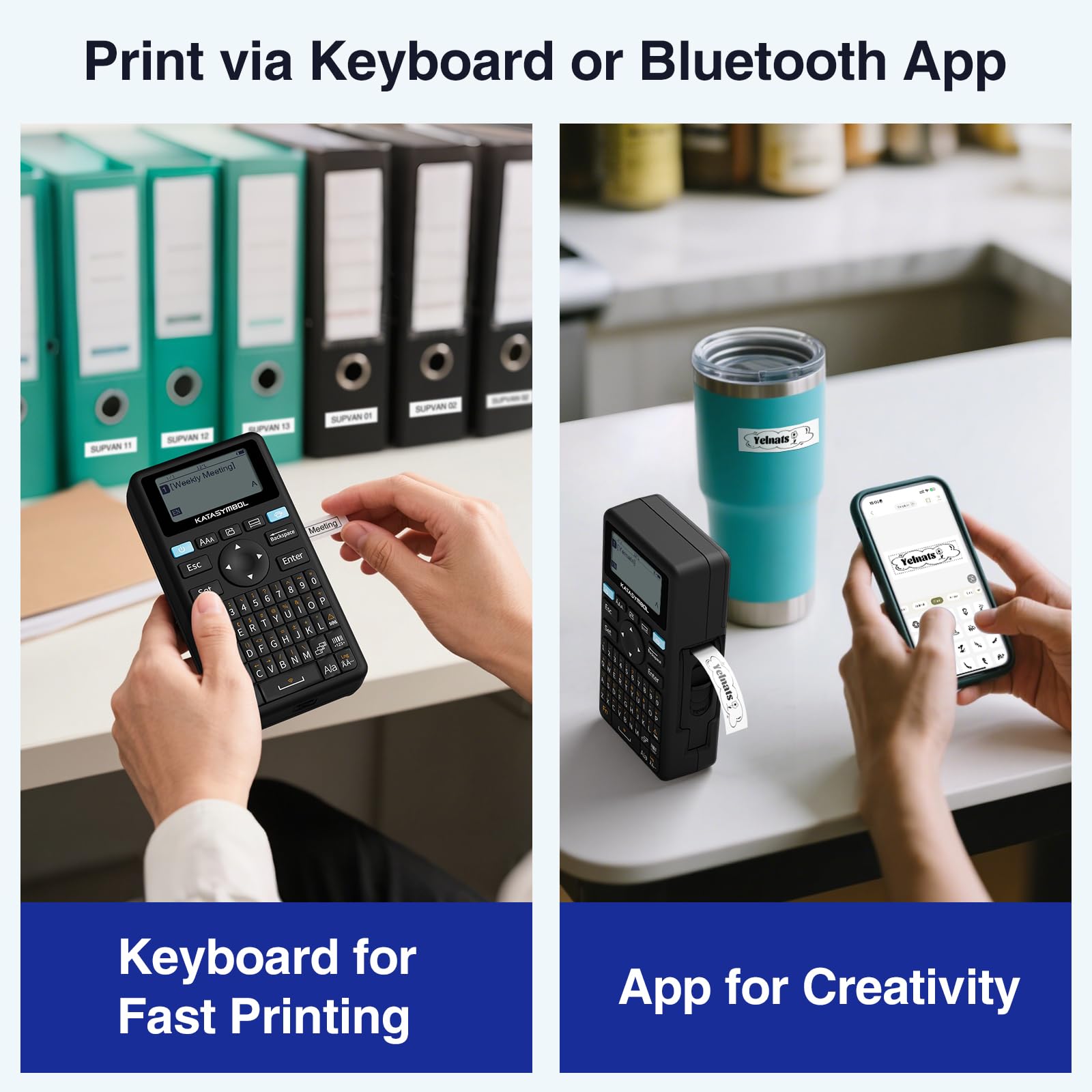 SUPVAN E11 Bluetooth Label Maker Machine with Tape, Support Keyboard & App with 30+ Fonts and 660+ Icons, Rechargeable Inkless Labeler for Home, Kitchen, Office, School, Organization, Black