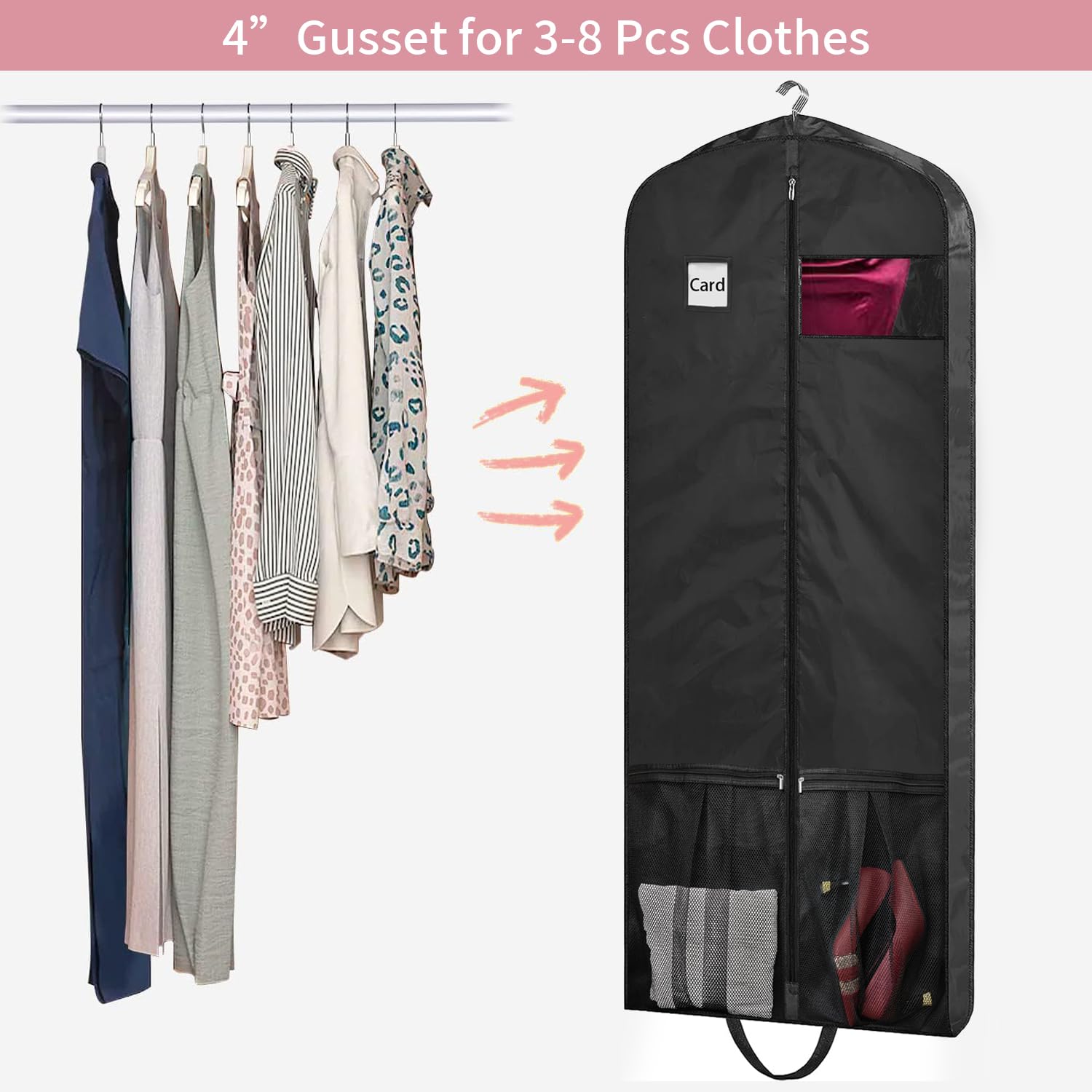 BH7STAR Dress Garment Bag, Black, 65" L x 26" W x 5" D, Nylon, Zipper Closure, Extra Long Size, Clear Window, Travel Friendly