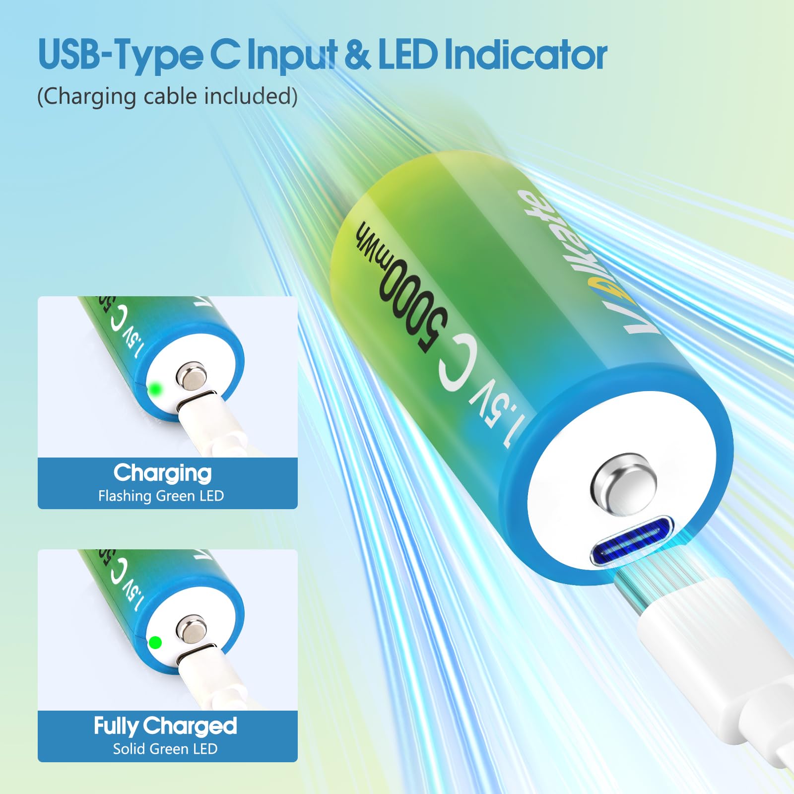 C Batteries 2 Pack, USB Rechargeable Lithium C Cell Batteries with Charging Cable, Battery C Size LR 14 1.5V 5000mWh, Type C Battery
