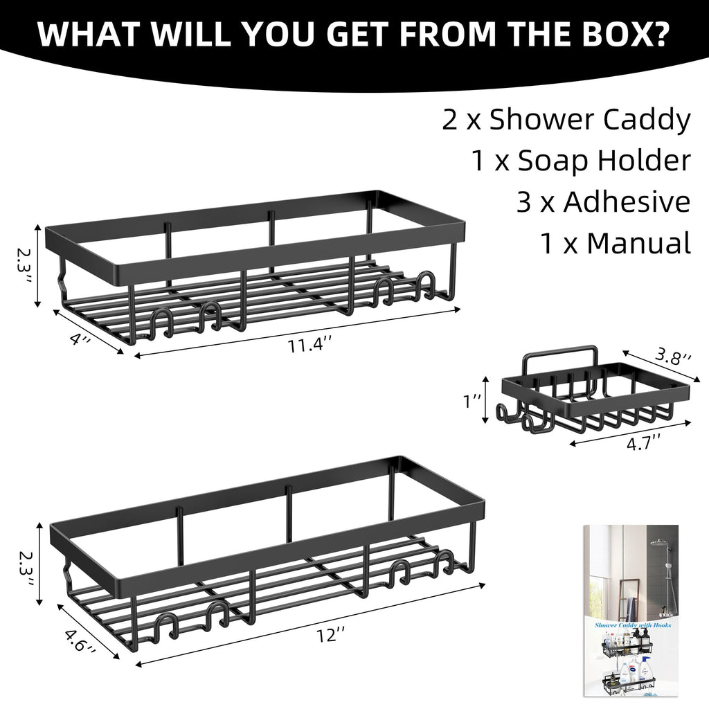 MOFOROCO 3-Pack Shower Caddy Basket Shelf with Soap Holder, No Drilling Traceless Adhesive Shower Wall Shelves, Rustproof Black Bathroom Shower Storage Organizer