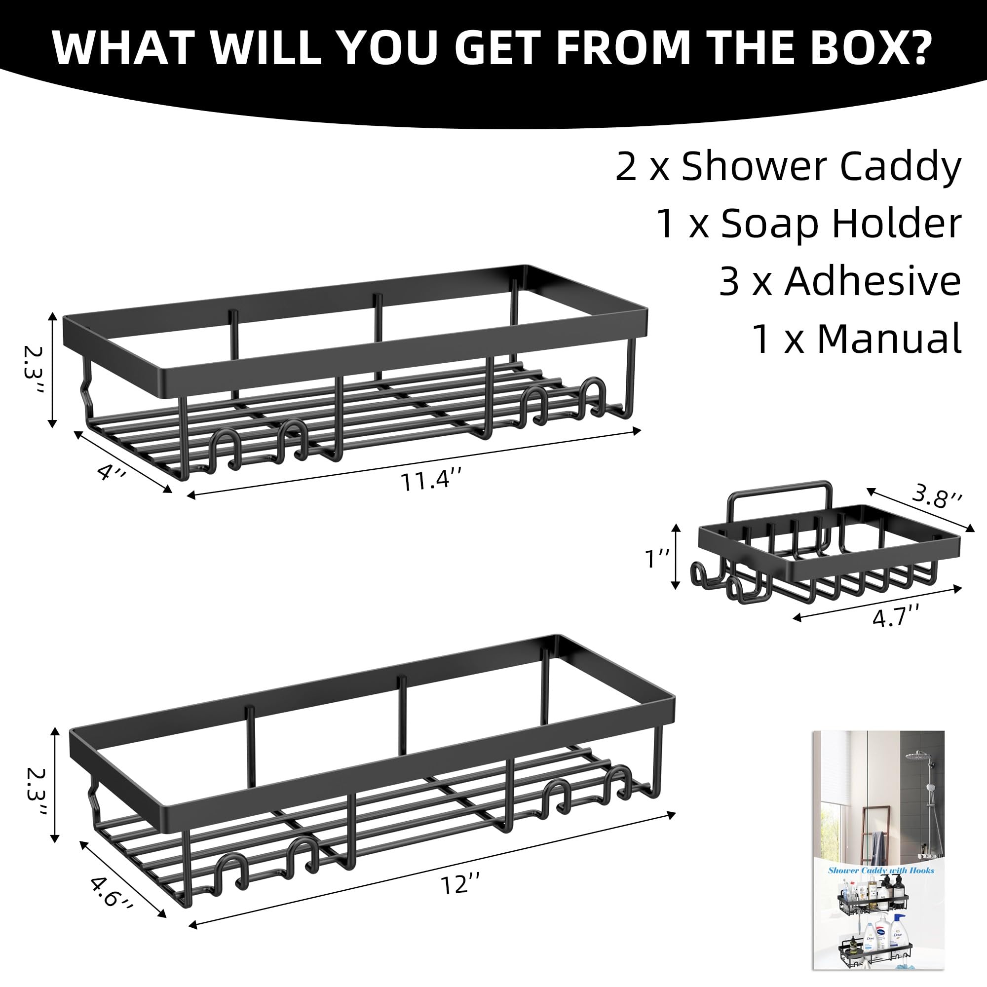 MOFOROCO 3-Pack Shower Caddy Basket Shelf with Soap Holder, No Drilling Traceless Adhesive Shower Wall Shelves, Rustproof Black Bathroom Shower Storage Organizer