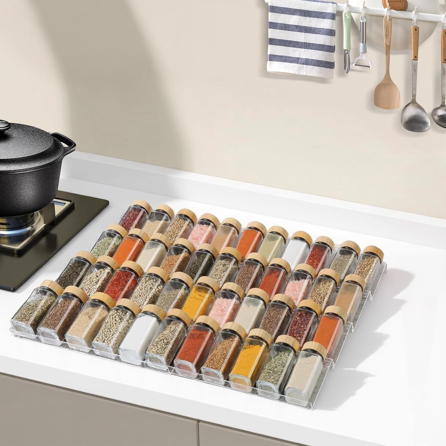 4 Tier Spice Drawer Organizer, Clear Acrylic Seasoning Organizer Rack, Spice Rack Tray for Cabinet/Countertop, Kitchen Seasoning Jars Drawers Insert (Jars Not Included/Expandable From 9" to 18")