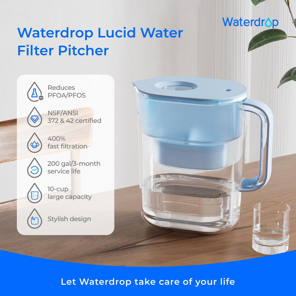 Waterdrop PT-07B Water Filter Pitcher, 10-Cup, NSF Certified, 200-Gallon Long-Life Filter, Improves Coffee & Tea Taste, Reduces PFOA/PFOS and Chlorine, 5X Longer Filter Life, Blue