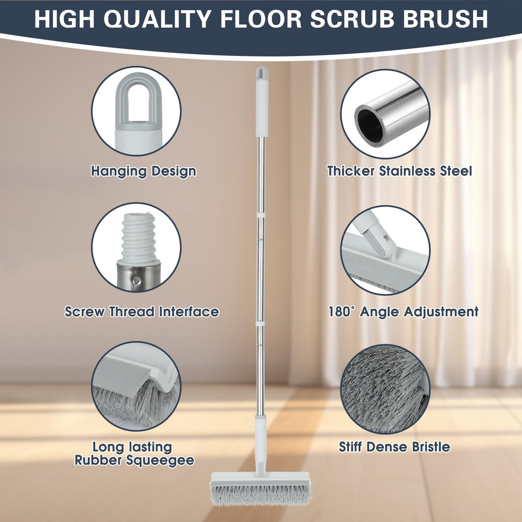 Grout Brush with Long Handle, 2 in 1 Floor Scrub Brush with Squeegee + 2 Crevice Cleaning Brushes, Tile Scrub Brush with Stiff Bristles Floor Scrubber for Cleaning Shower Corner Bathroom Tile