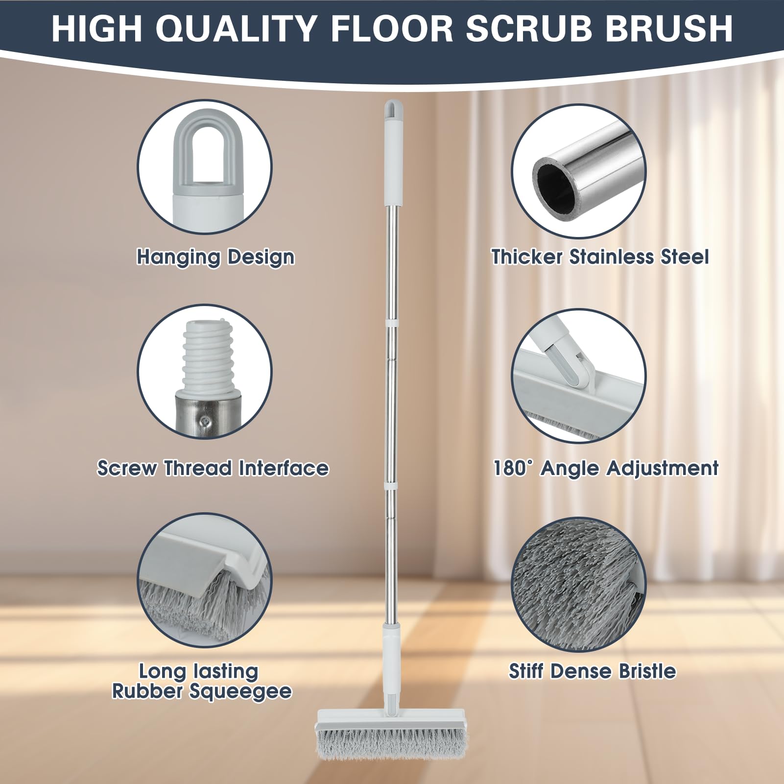Grout Brush with Long Handle, 2 in 1 Floor Scrub Brush with Squeegee + 2 Crevice Cleaning Brushes, Tile Scrub Brush with Stiff Bristles Floor Scrubber for Cleaning Shower Corner Bathroom Tile