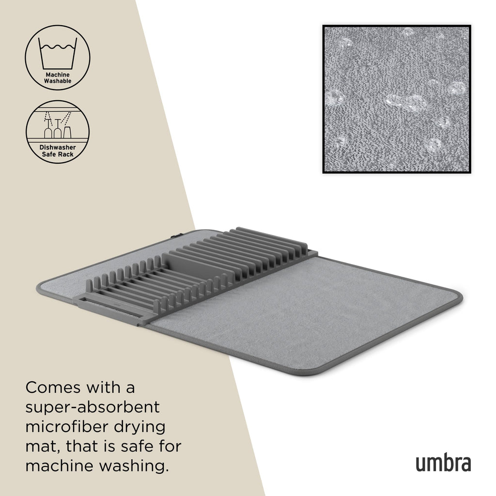 Umbra Udry Dish Rack and Microfiber Drying Mat – Space-Saving Design Folds Up for Easy Storage, Basic Rack, Dark Grey