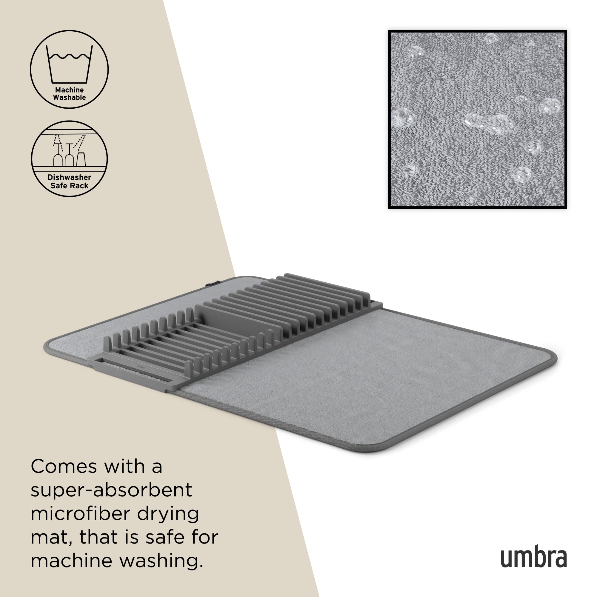 Umbra Udry Dish Rack and Microfiber Drying Mat – Space-Saving Design Folds Up for Easy Storage, Basic Rack, Dark Grey