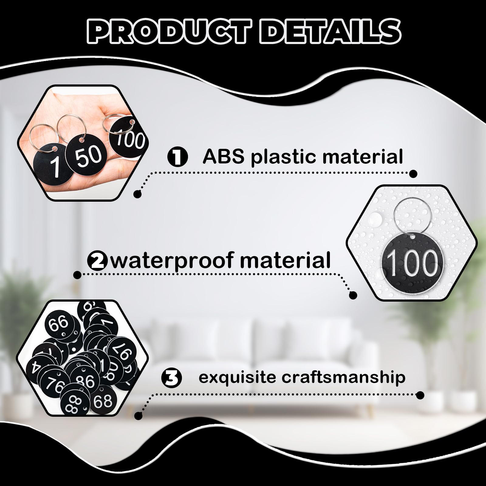 1-100 Number Tags, 35mm Engraved Round Numbered Marking Identification Tags with Metal Rings for Organized Coded Key Box Cabinet Plant Coding Tag (Black)