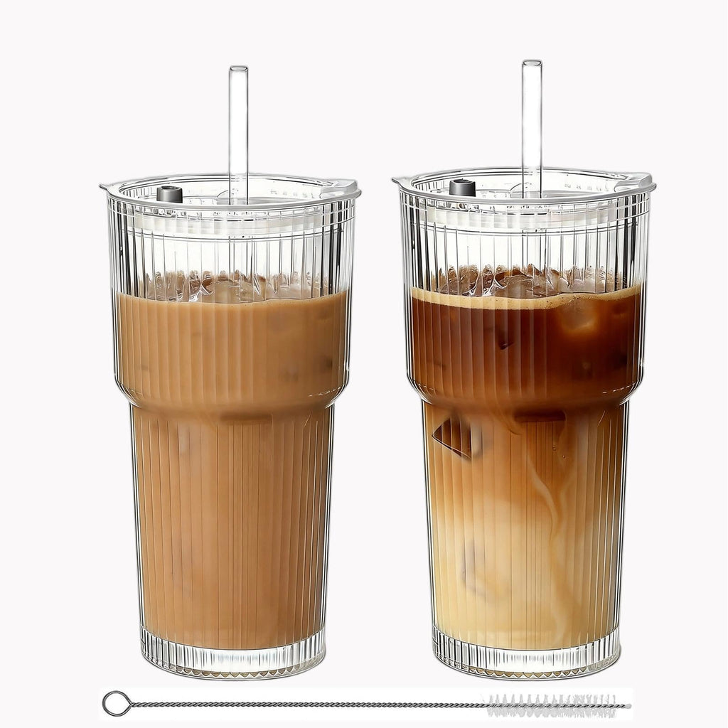 Ribbed Glass Tumbler with Lid and Straws, Resuable Ice Coffee Cups, to Go Drinking Glasses for Water, Smoothie, Matcha, Iced Tea Fruit Juice, Hot and Cold Beverages, Clear, 20oz, Set of 2