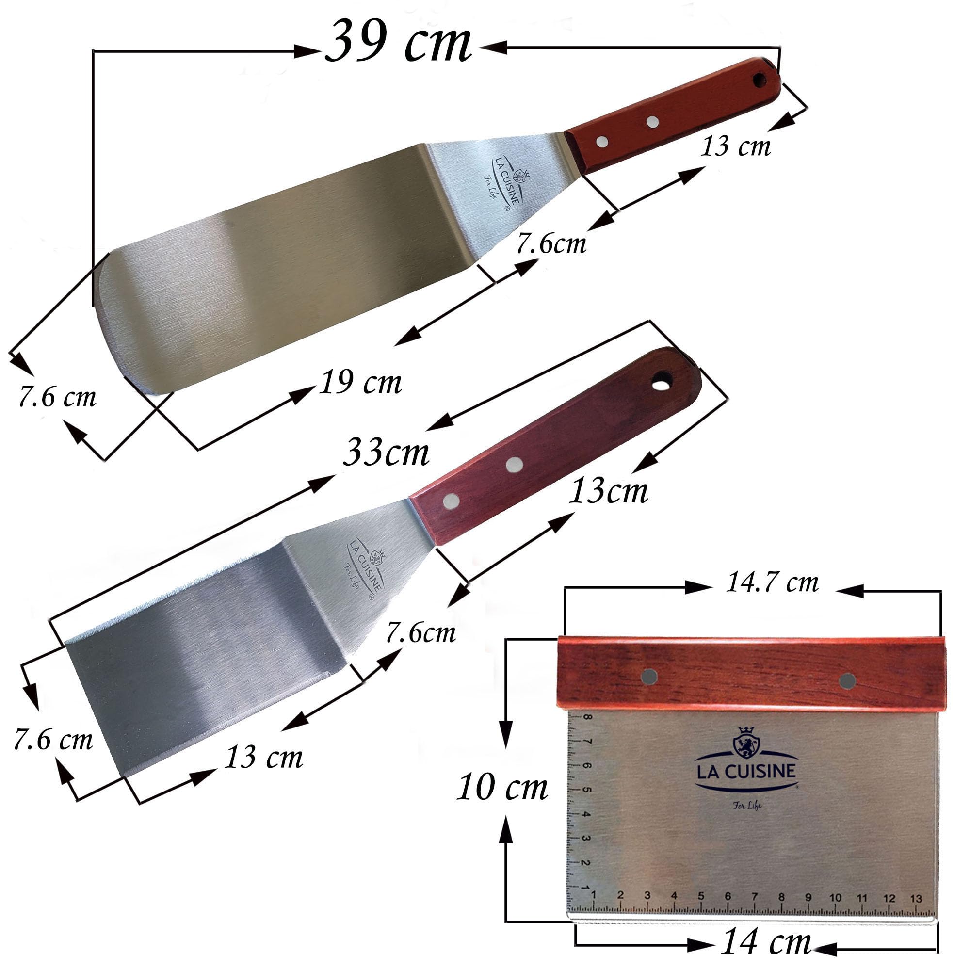 La Cuisine 3-PC SS Griddle Spatula Set - BBQ Tools Set Food Scraper for Grill Teppanyaki Flipping Patties Pancake Fish, 2 pcs SS Spatulas 1 pc Chopper/Scrapper with solid wood handle