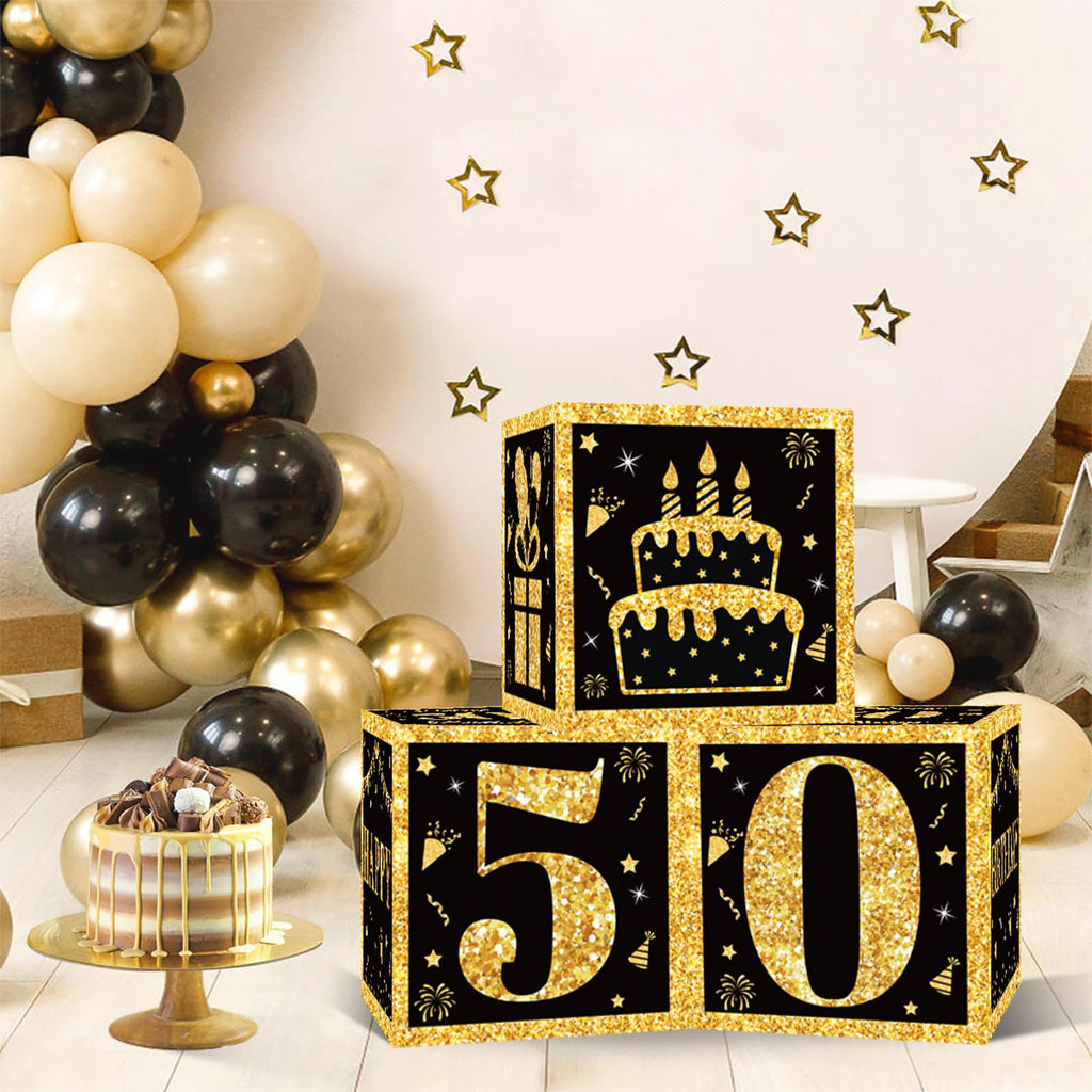 50th Birthday Decorations Boxes for Men- 3PCS Black Gold Happy 50th Birthday Balloons Boxes, 50 Year Old Party Supplies for Men Women