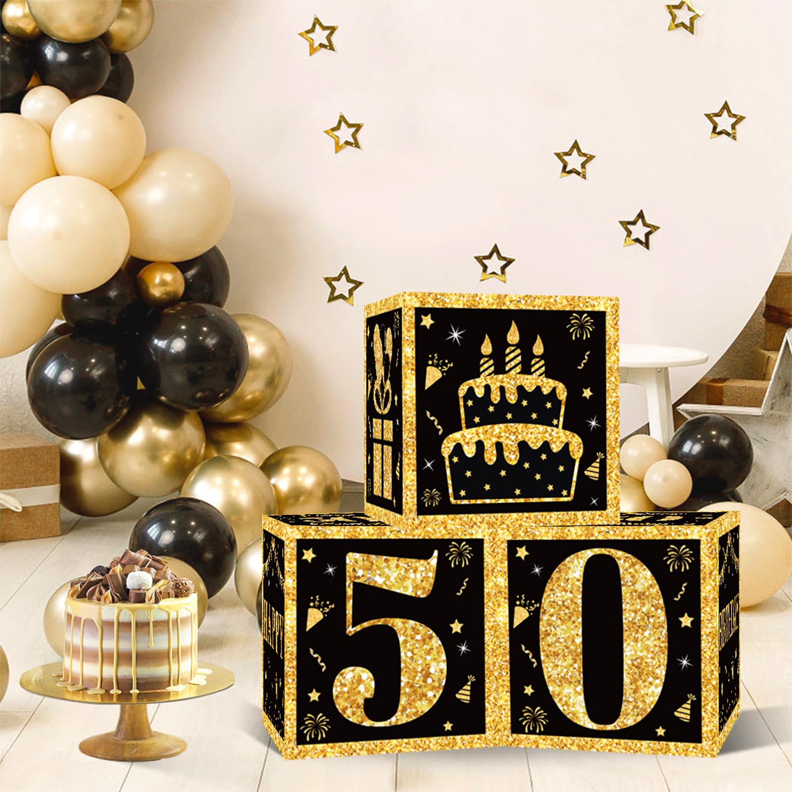 50th Birthday Decorations Boxes for Men- 3PCS Black Gold Happy 50th Birthday Balloons Boxes, 50 Year Old Party Supplies for Men Women