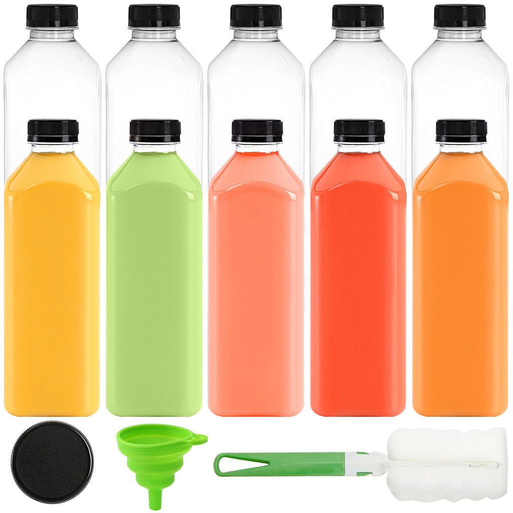 Cedilis 10 Pack 33oz/1L Plastic Juice Bottles with Black Cap, Clear Reusable Containers with Lids, Great Disposable Bottles for Making Juice, Milk, Salad Dressing, Smoothie and Other Beverages