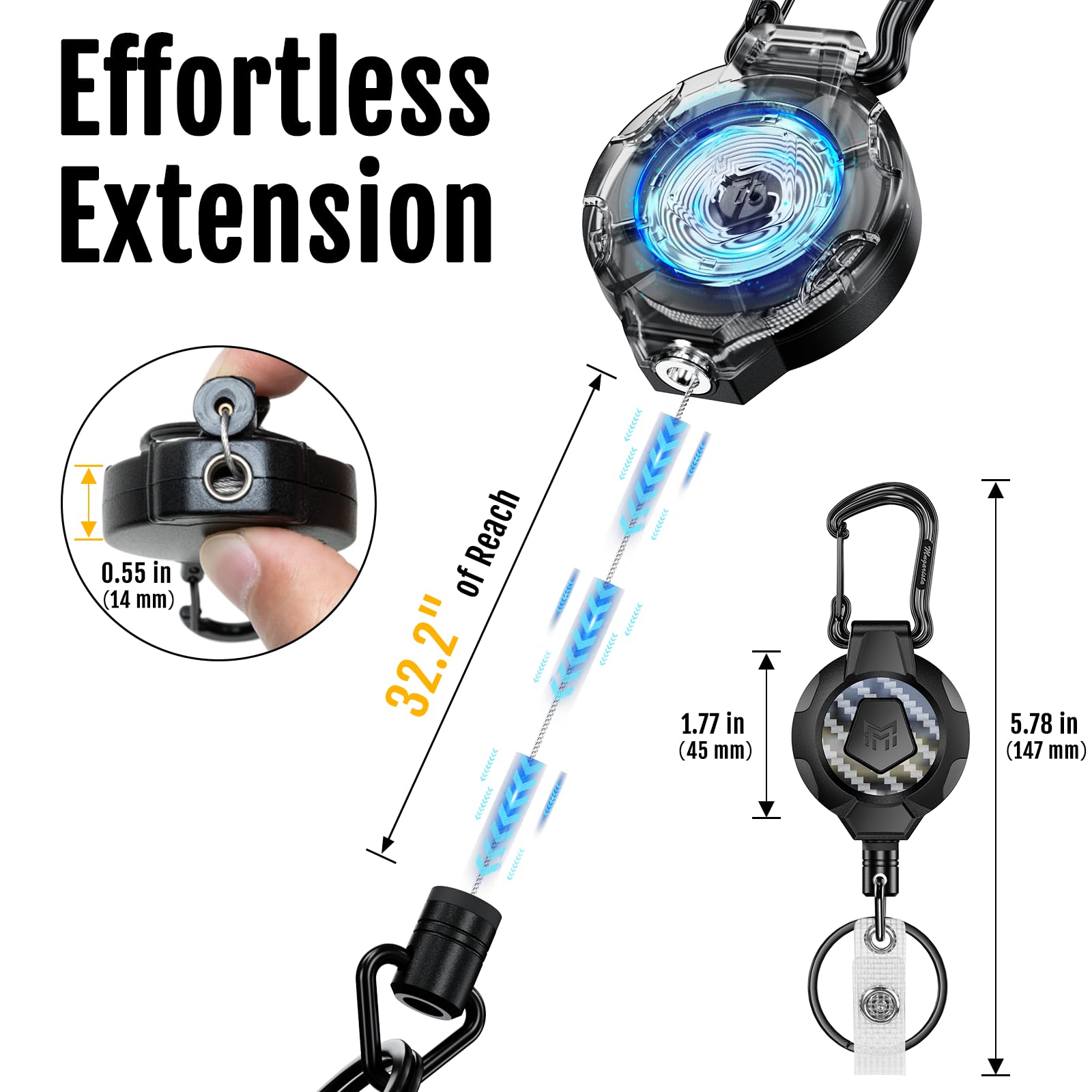 MNGARISTA 2-Pack Retractable Keychain, Heavy Duty 10 OZ Retraction 3K Carbon Fiber ID Badge Reel, Carabiner Badge Holder Hook Upgraded 31.5" Stainless Steel Cord Lanyard with Clip Strap and Key Ring