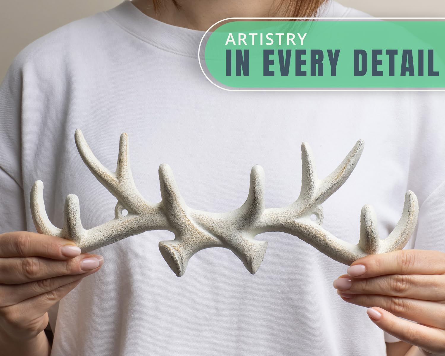 Comfify Vintage Cast Iron Deer Antlers Wall Hooks Antique Finish Metal Clothes Hanger Rack w/Hooks - 4.5"x1.5" - in Antique White