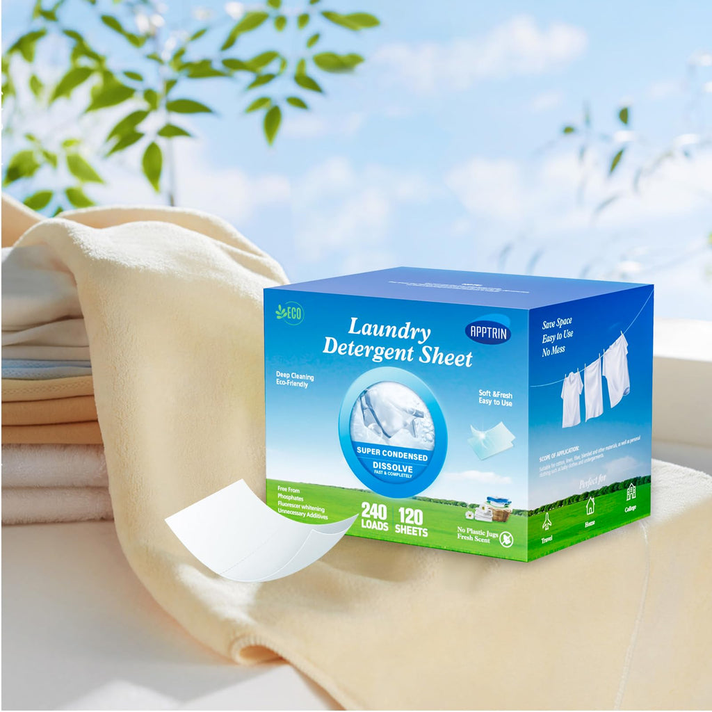 APPTRIN Laundry Detergent Sheets Up to 240 Loads (120 Sheets) Plastic Jug-Free Packaging Laundry Detergent Strips Hypoallergenic&Readily Biodegradable Eco-Friendly Fresh Peony Scent for Travel Home