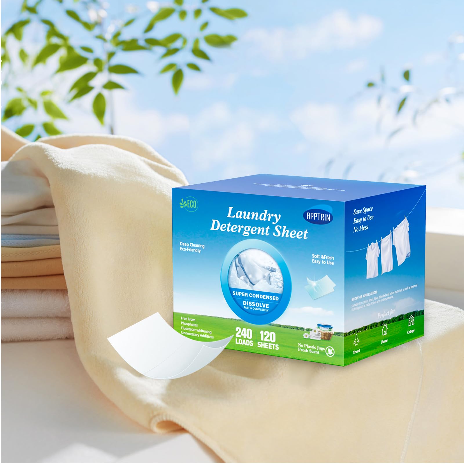APPTRIN Laundry Detergent Sheets Up to 240 Loads (120 Sheets) Plastic Jug-Free Packaging Laundry Detergent Strips Hypoallergenic&Readily Biodegradable Eco-Friendly Fresh Peony Scent for Travel Home