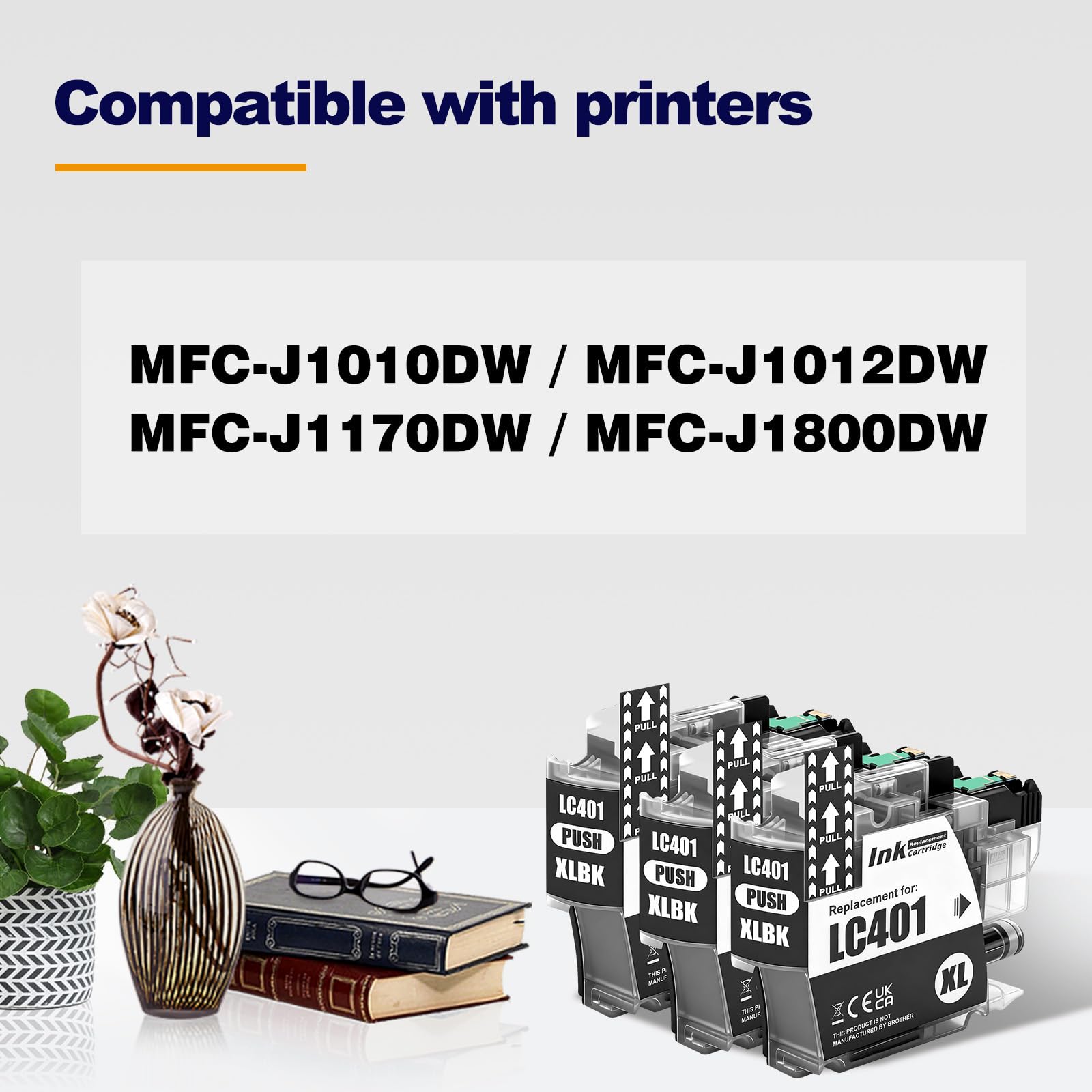 LC401XL 401XL LC401 Black Ink Cartridges Compatible for MFC-J1010DW MFC-J1012DW MFC-J1170DW MFC-J1800DW Printer High Yield (3-Pack, BK*3)