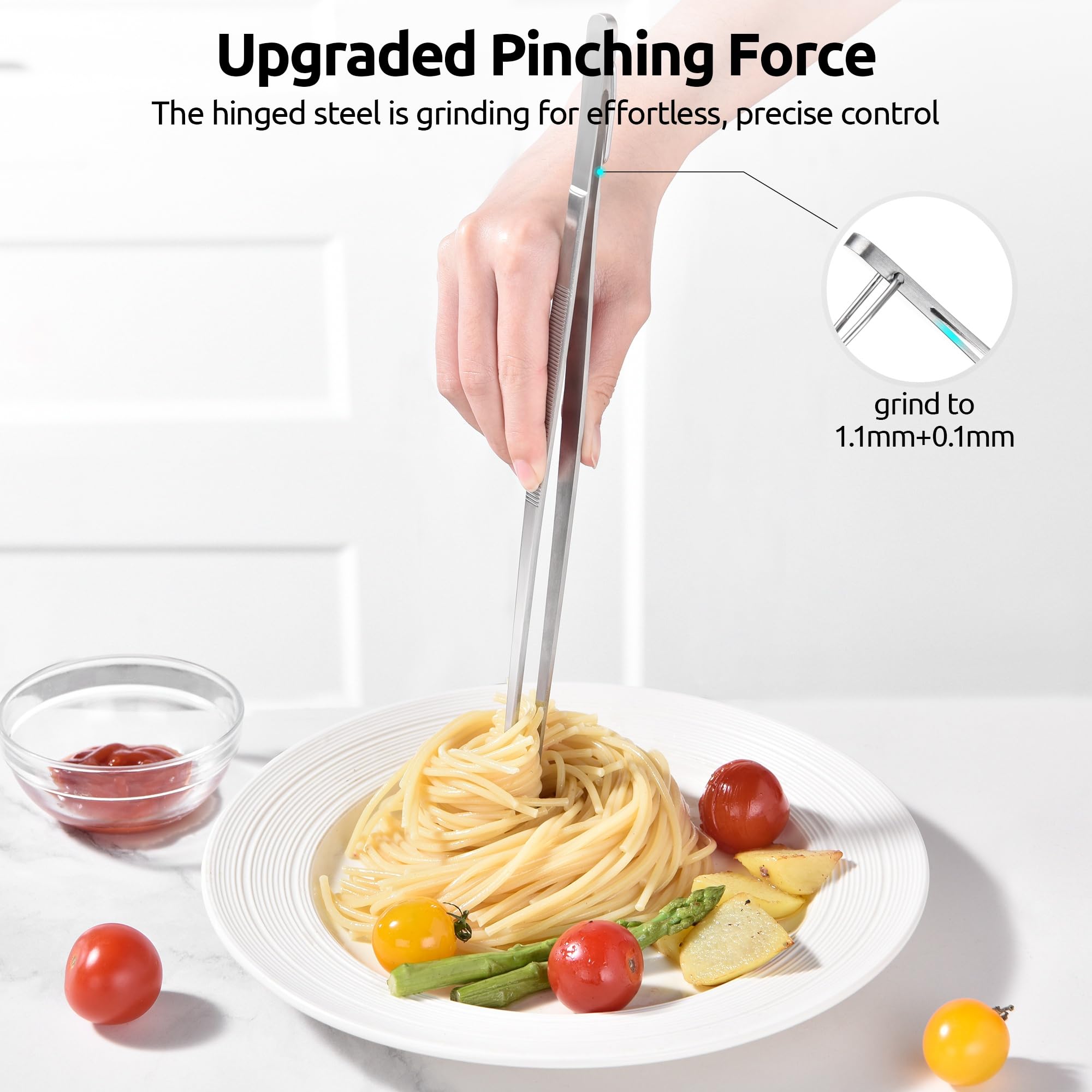 U-Taste 12" Kitchen Tweezer Tongs Set: 18/8 Stainless Steel Food-Grade Metal Cooking Tong, Flexible Pinching, Seamless-Welding, Non-Slip for Serving, Grilling, Frying, Feeding (Round & Pointed Tip)