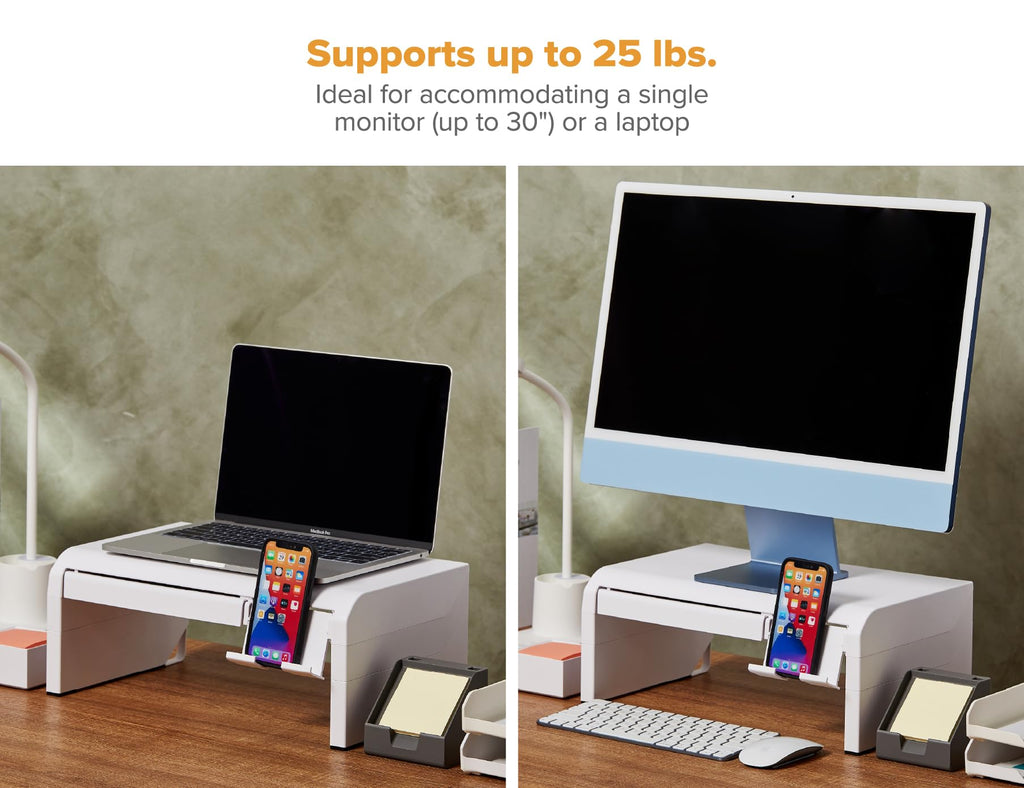 Bostitch Konnect Adjustable Monitor Riser with Drawer & Cell Phone Holder, Laptop Stand for Desk, 4 Height Levels, Cable Management & Rubber Feet
