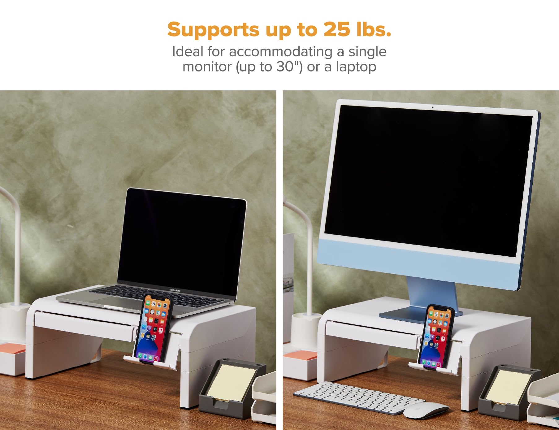 Bostitch Konnect Adjustable Monitor Riser with Drawer & Cell Phone Holder, Laptop Stand for Desk, 4 Height Levels, Cable Management & Rubber Feet