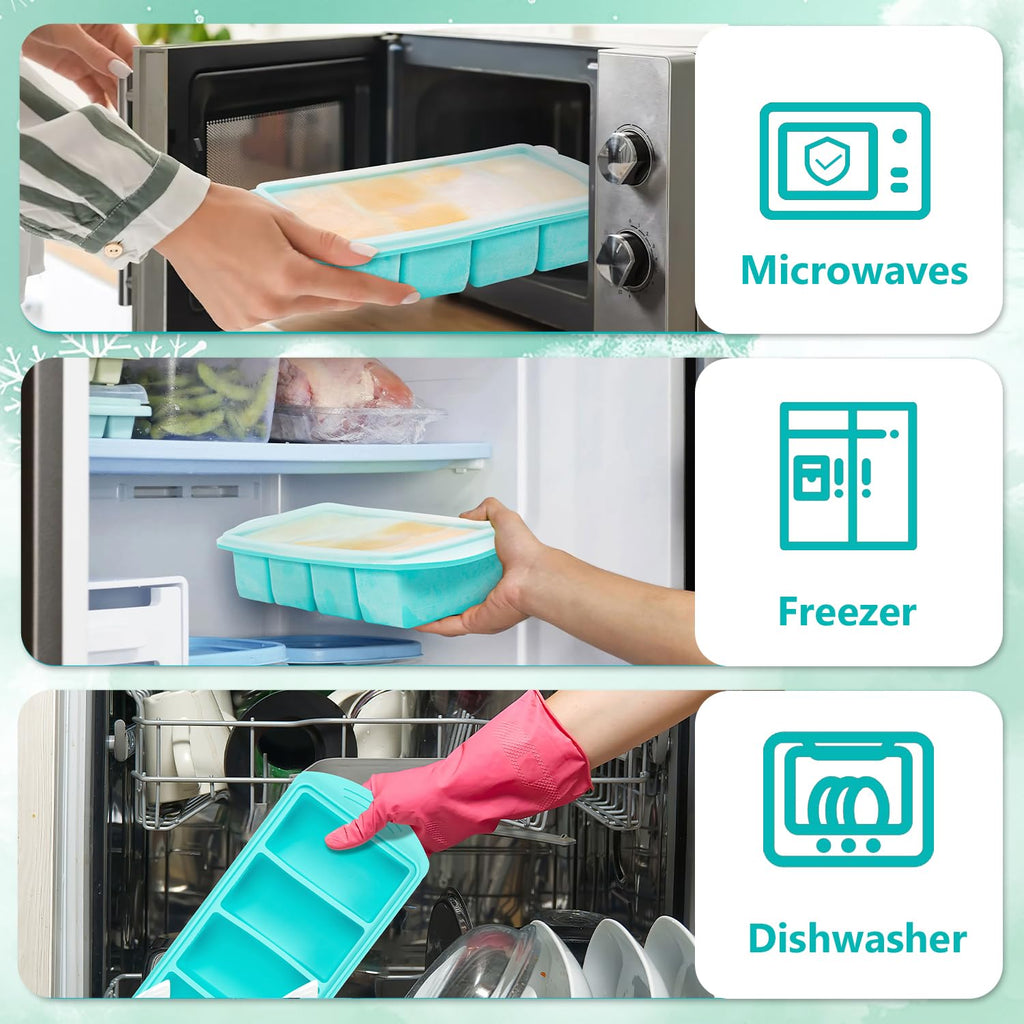 Soup Freezer Container, 2 Packs Silicone Freezer Mould with Lid, Large Ice Cube Tray, 4-Compartment Meal Prep Food Soup Storage Containers, Blue (4-Compartment-2Pc)