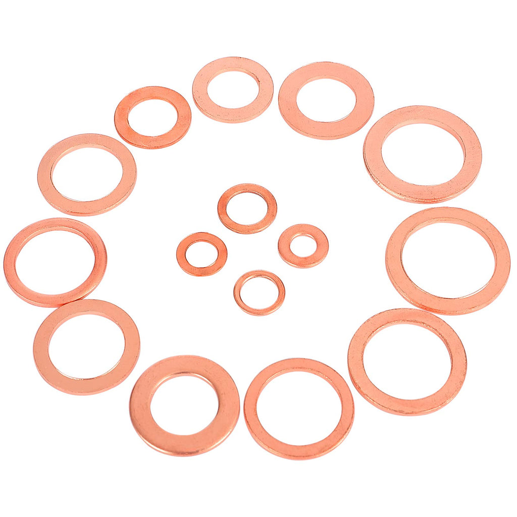 Toolwiz 150PCS 15 Sizes Copper Washers Metric Sealing Assortment Set Flat Ring Sump Plug Crush Washer Oil Drain Plug Gasket Seal Assortment Set M5/6/7/8/10/10.5/11/12/12.5/14/15/16/16.5/17.5