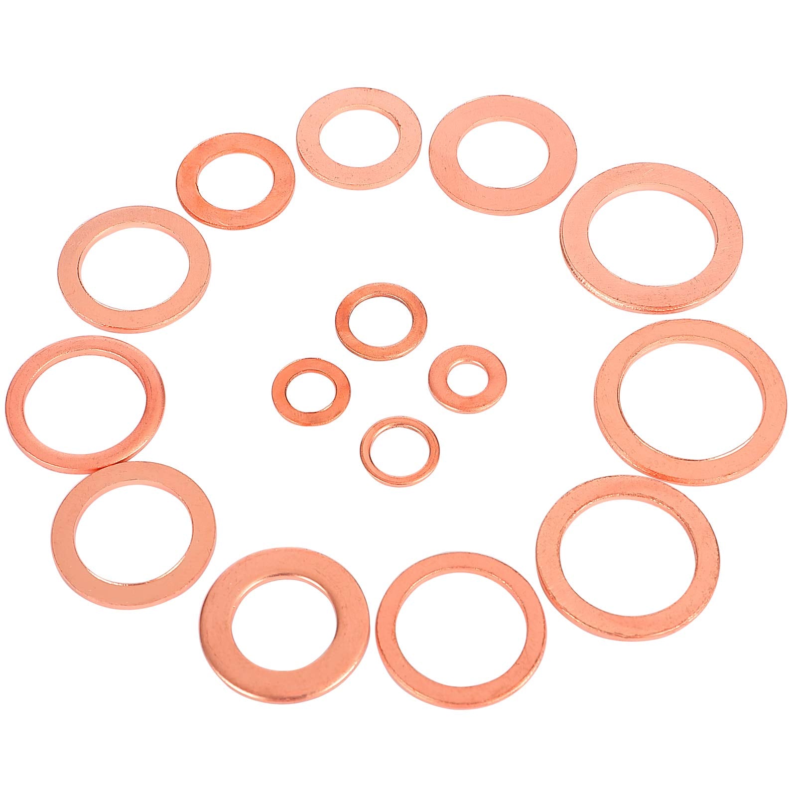 Toolwiz 150PCS 15 Sizes Copper Washers Metric Sealing Assortment Set Flat Ring Sump Plug Crush Washer Oil Drain Plug Gasket Seal Assortment Set M5/6/7/8/10/10.5/11/12/12.5/14/15/16/16.5/17.5