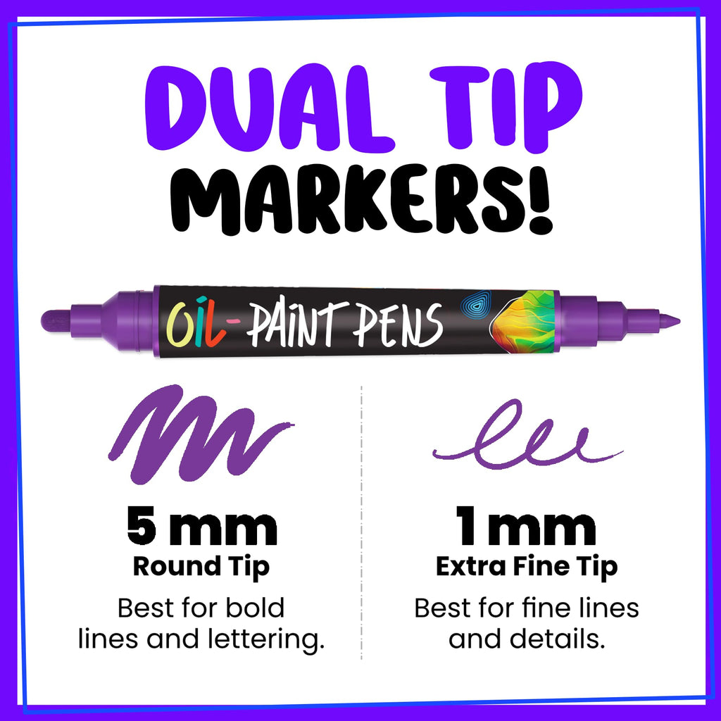 Chalkola 20 Oil Paint Pens - Oil Based Paint Markers for Metal, Fabric, Ceramic, Glass, Rocks - Waterproof & Permanent Paint Markers for Wood, Plastic Surfaces, Steel - 1mm + 5mm Dual Tip