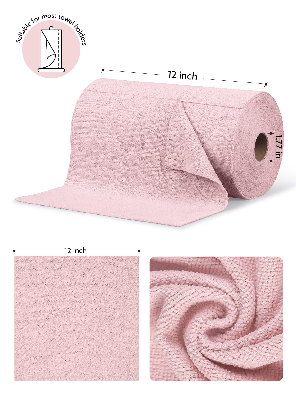 Fantasticlean Microfiber Cleaning Cloth Roll -75 Sheets, Tear Away Microfiber Towels, 30x30cm, Reusable, Washable, Scratch Free, Ultra Absorbent Dish Rags for Car, Home, Garage or Shop (Pink)