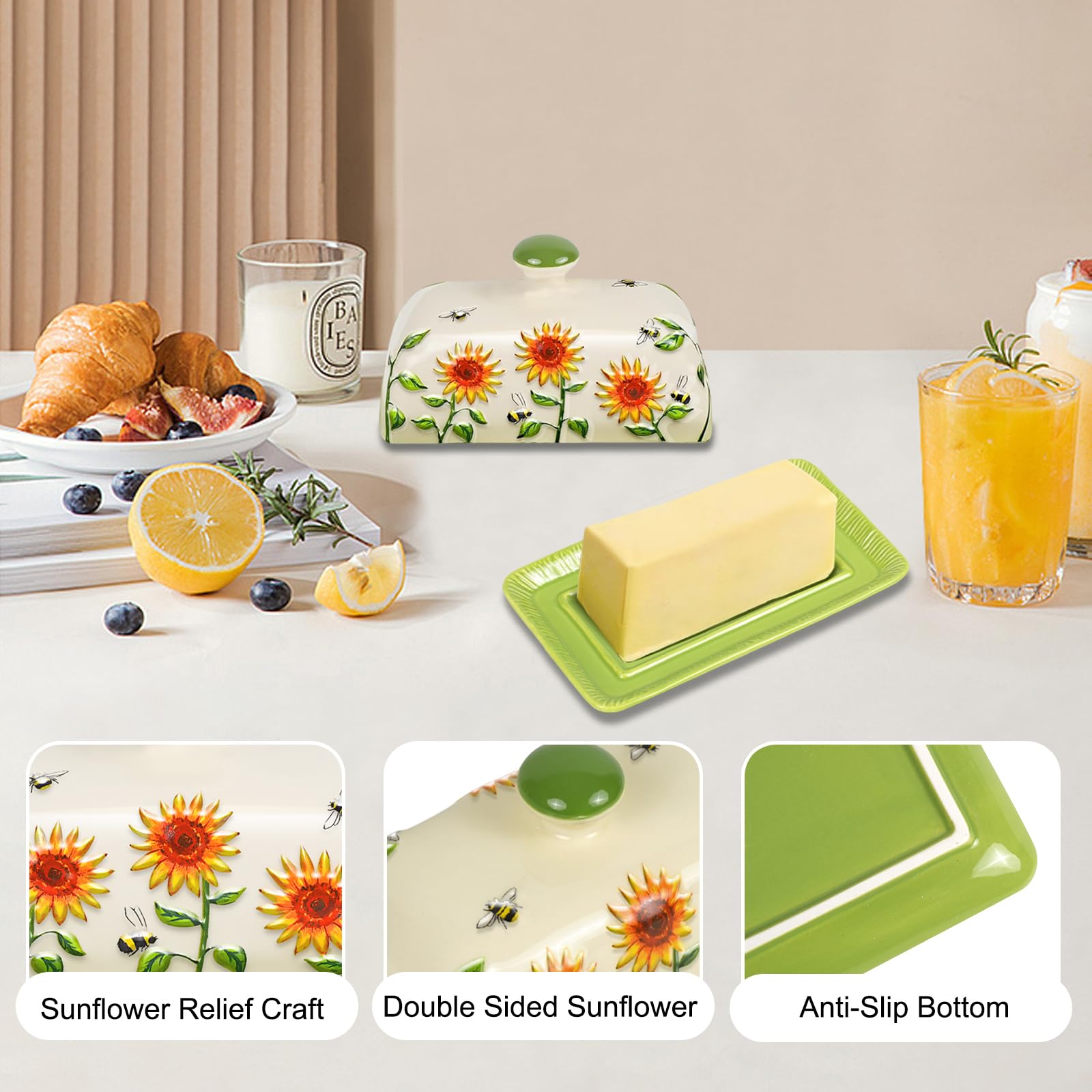 Butter Dish with Lid for Countertop, Sunflower Butter Keeper Holder, 7.5”x4.3” Large Ceramic Butter Tray Storage Sunflower Decor Mother's Day Gifts
